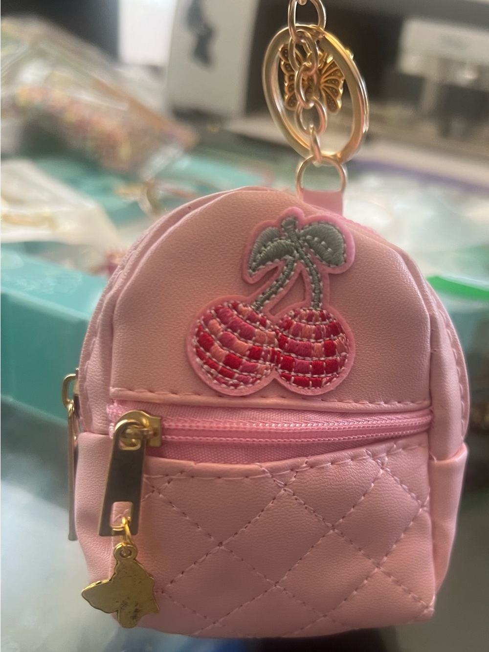 Pink Cherry Quilted Mini Bag Charm
